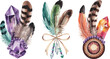 © TrendyImages - Watercolor Illustration Feather Arrangements with Crystals, Beads, and Ribbon on White Background