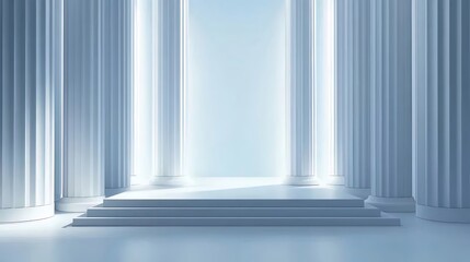 Fototapete - 階段と対称的な白い柱が並ぶアーチ状の建築背景とミニマルなデザインが特徴