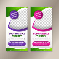 Poster - Beauty spa salon roll up print banner or stand display banner template. collection of body massage therapy poster design with space for photo. white background combined green, purple and pink gradient