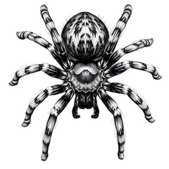 A detailed and intricate black and white monochrome illustration of a tarantula on a transparent or white background.