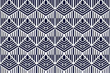 Poster - Seamless geometric pattern. Pyramid shape, down arrow, and rectangle shap elements. horizontal checked texture. Vector illustration of art use dark blue color isolated on white background