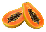 Two halves of fresh ripe papaya with visible seeds isolated on white or transparent background. PNG format.
