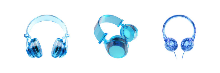 Poster - Blue Headphones Set. Modern Audio Technology And Design Collection Isolated On Transparent Background