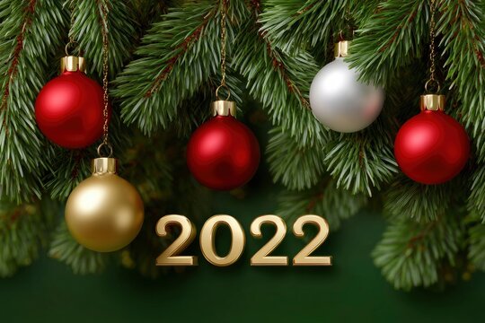 Ornaments  2022 Pine boughs frame gold 2022 with red gold silver ornaments on a green background
