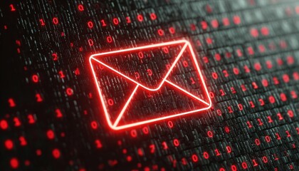 Poster - Data Attack Concept with Red Binary Streams Converging Into a Mail Envelope Symbol, Modern Threat