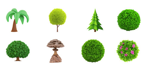 Poster - Stylized Tree And Bush Illustrations Set. Nature And Landscaping Design Collection Isolated On Transparent Background