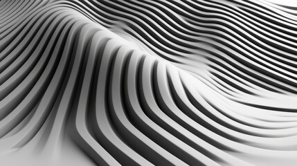 Poster - Monochrome Gradient Wave Surface Pattern with Abstract Texture and 3D Rendered Geometric Elements