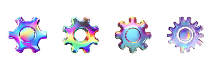 Poster - Colorful Iridescent Gear Icons Set. Futuristic Technology And Innovation Collection Isolated On Transparent Background