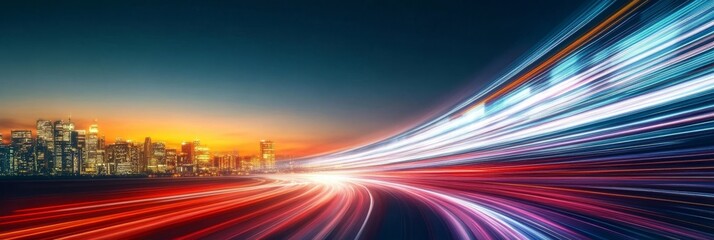 Poster - Futuristic city skyline with time-lapse traffic, showcasing urban life and technology in motion.