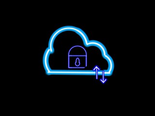Poster - Animated blue neon cloud computing. Central glowing security icon. Slow motion data concept. Futuristic tech design.