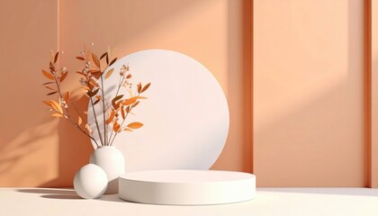 Poster - Stylish decor arrangement with minimalist vases and dried leaves in soft peach background interior design showcase modern aesthetic flat lay perspective