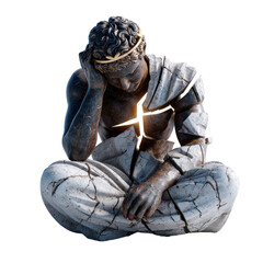 Poster - Artistic sculpture of a melancholic figure in a thoughtful pose, showcasing cracks and inner light