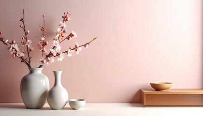 Poster - Elegant floral arrangement in minimalist setting modern home decor still life photography soft color palette aesthetic design tranquil environment