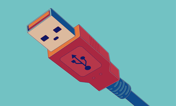 USB connector illustration with cable. Vibrant illustration of a USB connector against a bright teal background. Highlighting its distinctive tech and functionality.