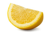 Juicy lemon wedge slicing through white space, showcasing citrus texture and bright yellow color for culinary graphic design needs