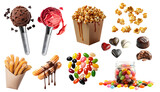 Collection of candy candies treats sweets dessert, praline chocolate, ice cream gelato ball, caramel popcorn, jellybean Jelly bean, churro, isolated transparent cutout PNG. Many different variety