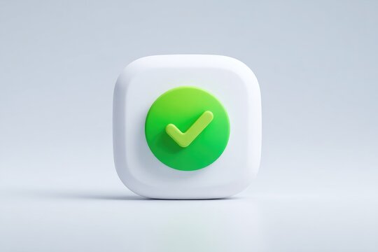 3D rendered white square button with green checkmark