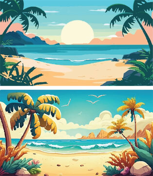 Vibrant Summer Beach Background with Deep Blue Ocean View - Minimalist Premium Beach Scene with Clean Sand and Clear Horizon - Premium Flat Design Summer Beach with Coconut Trees and Seagulls