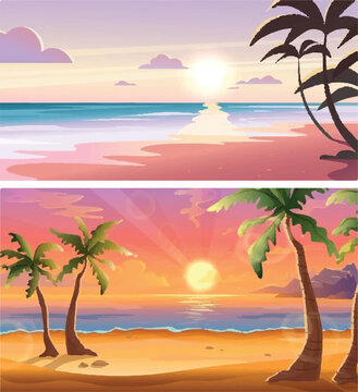 Premium Summer Illustration - Luxury Summer Beach Background with Golden Sand and Calm Sea - Realistic Summer Beach Illustration with Umbrella and Surfboard