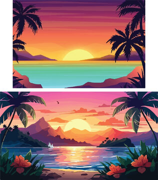 Premium Summer Illustration - Luxury Summer Beach Background with Golden Sand and Calm Sea - Realistic Summer Beach Illustration with Umbrella and Surfboard