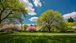 © Atif - Vibrant spring nature backdrop with a neatly trimmed green lawn, lush trees, and a clear blue sky adorned with soft clouds — a serene and sunny seasonal landscape.