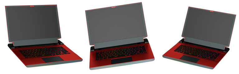 Fototapete - Set of modern laptops with rgb lights isolated on white background with clipping path. 3D render of concept of computer and cloud gaming