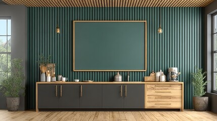 Poster - Elegant Kitchen Mockup Featuring Stylish Green Walls, Modern Cabinets, and Abundant Natural Light