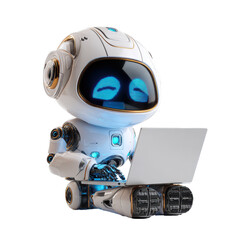 Poster - Robot typing on laptop in a futuristic workspace while displaying glowing blue eyes during a tech demonstration