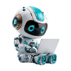 Poster - Robot using a laptop in a futuristic setting, showcasing advanced technology and design aesthetics