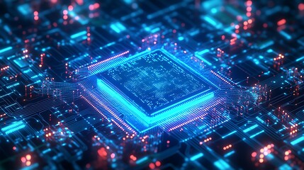 Poster - Abstract Animated Circuit Board Background with Glowing Blue and Red Lights