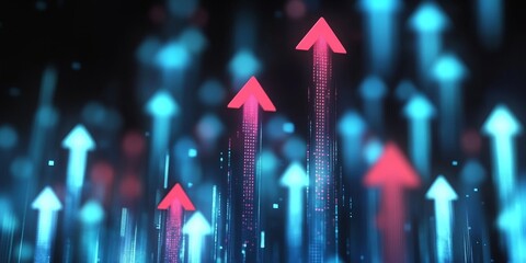 Poster - Optimistic business growth concept with upward arrows on dark blue background representing success