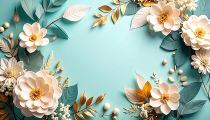 Poster - Elegant floral arrangement on aqua background decorative art home decor aesthetic top-down view nature-inspired design