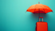 © SS Digital - Orange suitcase under red umbrella on blue background. Minimalist travel insurance concept Banner with copy space