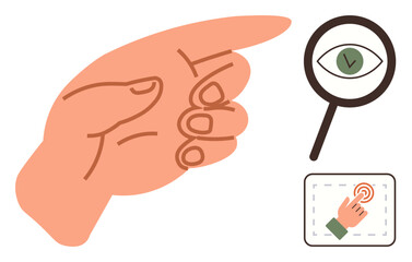 Poster - Hand pointing, magnifying glass emphasizing vision, and finger pressing touchscreen. Ideal for interaction, focus, attention, technology, guidance communication clarity themes. Simple flat metaphor