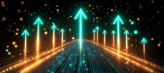 Poster - Digital Ascent Abstract Visualization of Growth with Glowing Arrows and Data Streams, Success Path