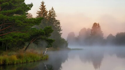 Wall Mural - serene lake at dawn with misty forest and crane