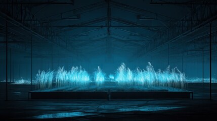 Poster - Illuminated plants in a dark industrial space.