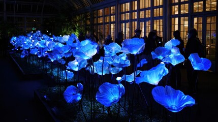 Poster - Illuminated blue flower sculptures at night.