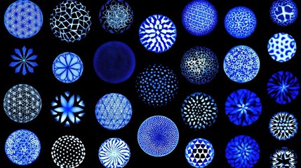 Poster - Abstract design of multiple circular patterns in shades of blue on a black background.