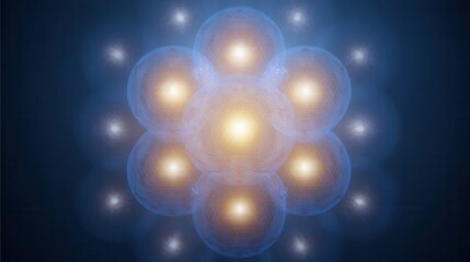 Poster - A symmetrical, complex arrangement of luminous spheres.