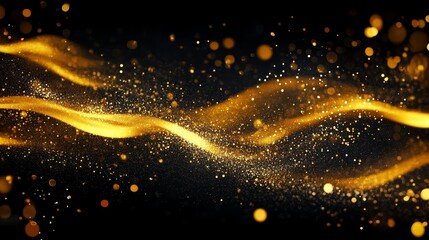 Poster - Golden Dust and Glitter Particles Floating in Curved Lines on a Black Background, Abstract Luxury