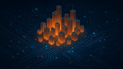 Poster - futuristic smart city illustration with glowing orange high-rise buildings on a dark circuit board p