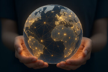 Poster - hands gently holding illuminated transparent globe with glowing data nodes connecting continents rep