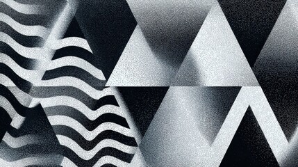 Poster - Abstract geometric design of intersecting triangles and wavy lines in black and white.