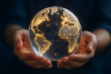Poster - human hands support glowing transparent digital globe with worldwide network points and data connect