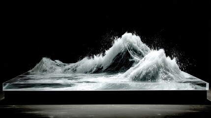 Poster - A sculpted wave display in a transparent box.