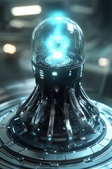 Poster - Small Futuristic Robot with Glowing Blue Core in Dark Setting