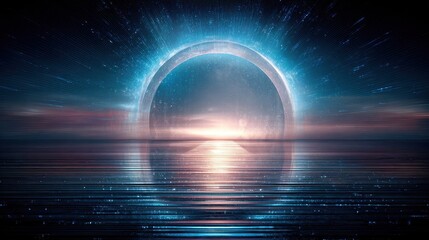 Poster - Futuristic scene with a glowing ring over a tranquil body of water.