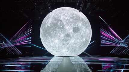 Aufkleber - large moon backdrop with colorful light lines on a stage.