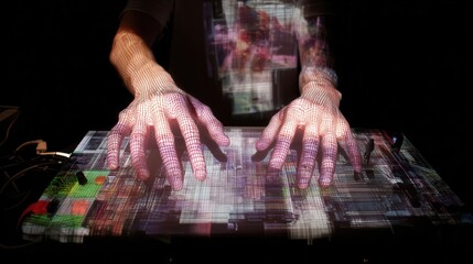 Aufkleber - Hands interacting with a projected digital surface.